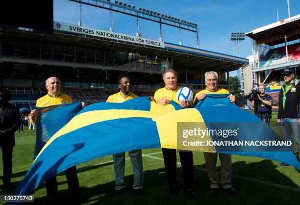 Former Brazilian football players Jose Ely Miranda, aka Zito , Jose Altafini, aka Mazzola , Edison Arantes do Nascimento, aka Pele and Jose Macia,...