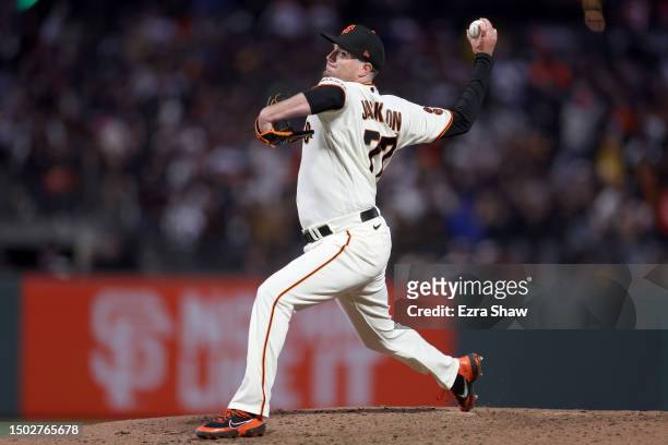 Luke Jackson of the San Francisco Giants pitches against the San Diego Padres on June 21, 2023 in San Francisco, California.