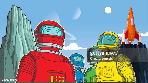 karikatur-astronauten-team im weltraum poster stock illustration - gruppenfoto stock-grafiken, -clipart, -cartoons und -symbole