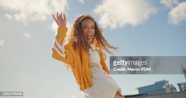 portrait dance and gen z girl at a skatepark with freedom, celebration and having fun outdoors. dancing, teenager and female person celebrating holiday, weekend or break, cool and confident in mexico - gen i stock pictures, royalty-free photos & images