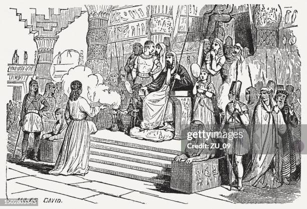 joseph’s rise to power (genesis 41), wood engraving, published 1835 - joseph pharaoh stock illustrations