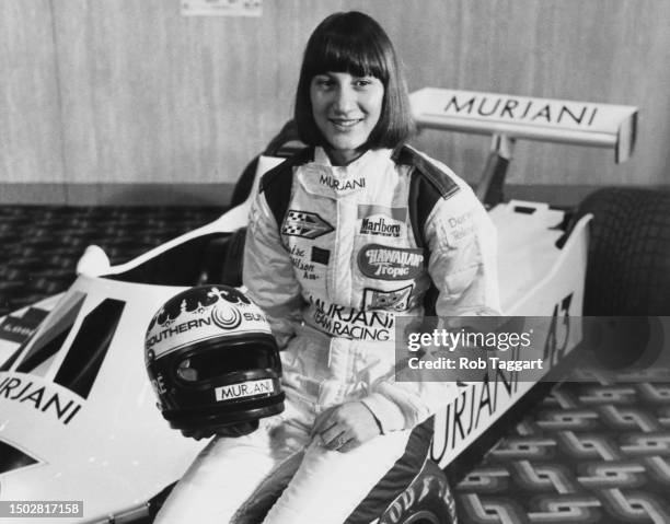 Portrait of Desire Wilson from South Africa and driver of the Brands Hatch Racing Murjani Williams FW07 Cosworth V8 with her car to promote her entry...