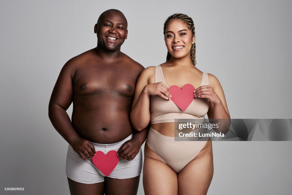 Happy Portrait And A Plus Size Couple With A Heart For Love Of Underwear  And Body Positivity Interracial Lingerie And A Black Man And Woman With A  Romantic Card Isolated On A