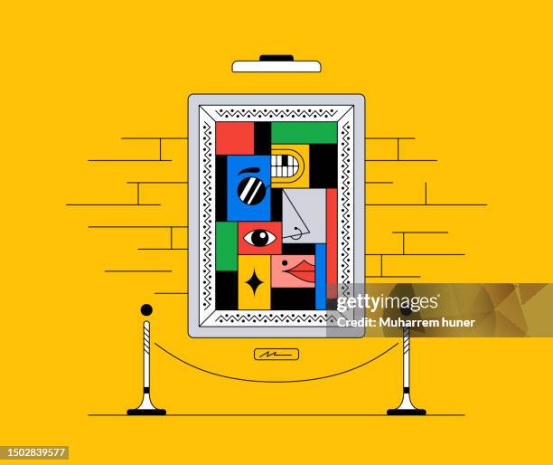 museum of modern art, artwork on the wall, exhibition pole with rope barrier, vector illustration. - modern art exhibition stock illustrations