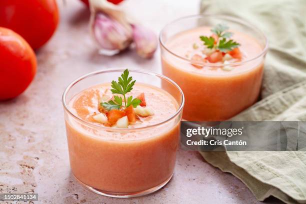two glasses of gazpacho soup - gazpacho stock pictures, royalty-free photos & images