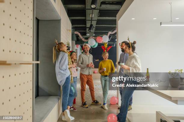 christmas atmosphere in our office - kantoorfeest stockfoto's en -beelden
