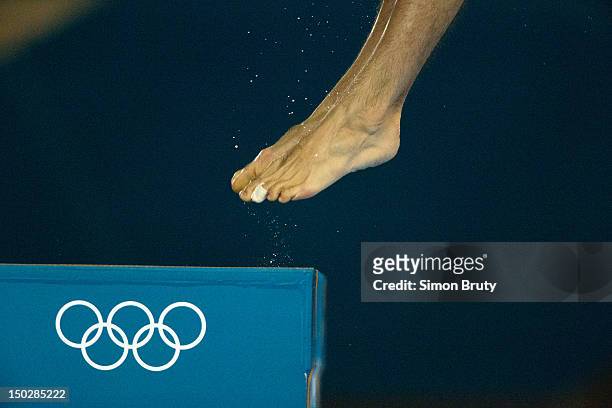 Summer Olympics: View of USA Nicholas McCrory's feet off of platform with Olympic rings during Men's 10M Platform Semifinals at Aquatics Centre....