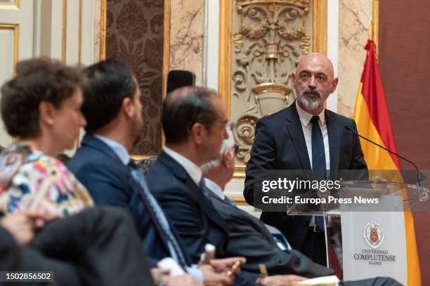 The rector of the Universidad Complutense de Madrid, Joaquin Goyache, speaks during the inauguration of his position, in the Paraninfo of the...