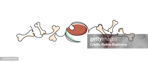 futter für hunde. fortlaufende strichzeichnung einer knochenkette mit einer schüssel mit nahrung. vektorillustration isoliert auf weißem hintergrund - haustierfutter stock-grafiken, -clipart, -cartoons und -symbole