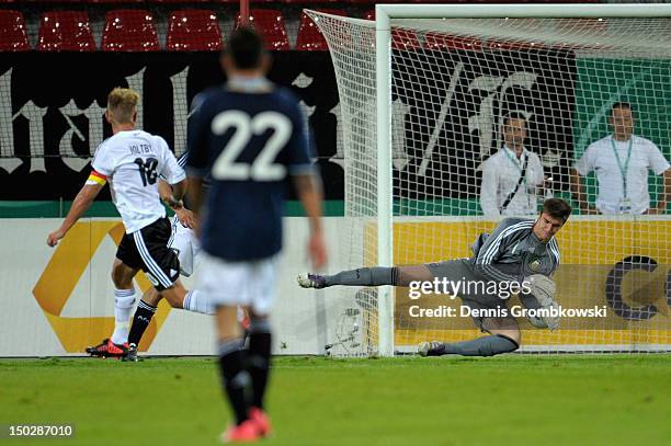 Lewis Holtby of Germany scores his team's second goal during the Under 21 international friendly match between Germany U21 and Argentina U21 at...