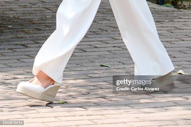 Queen Letizia of Spain, shoes detail, visits a traditional Students Residence on June 27, 2023 in Madrid, Spain.