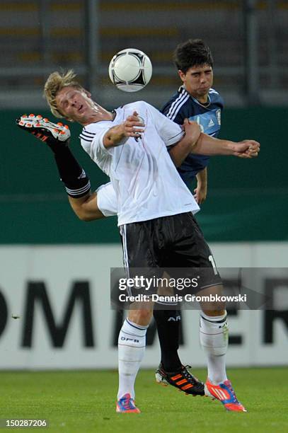 Sebastian Polter of Germany and Lautaro Gianetti of Argentina battle for the ball during the Under 21 international friendly match between Germany...