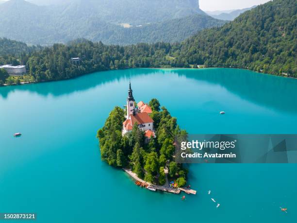 church of the mother of god on the lake - bled, slovenia - lake bled stock pictures, royalty-free photos & images