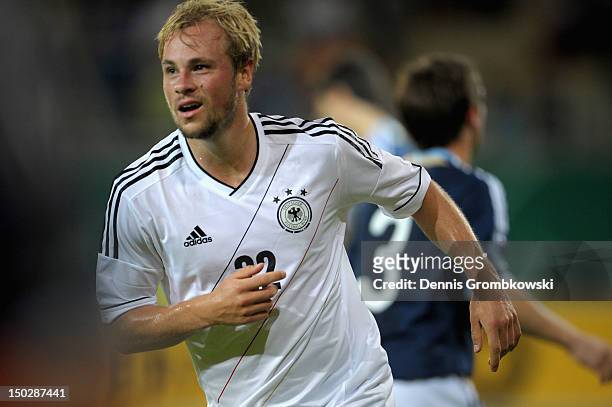 Maximilian Beister of Germany celebrates after scoring his team's third goal during the Under 21 international friendly match between Germany U21 and...