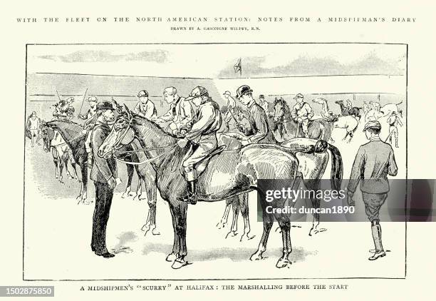 horse race for royal navy midshipmen at halifax, nova scotia, 1890s - halifax nova scotia stock illustrations