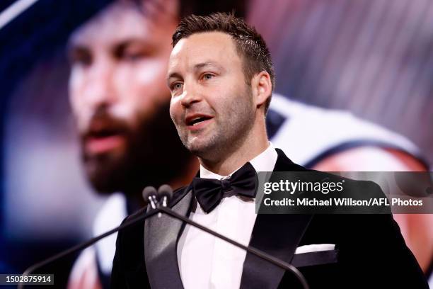 Hall of Fame inductee James Bartel speaks during the Australian Football Hall of Fame at Crown Palladium on June 27, 2023 in Melbourne, Australia.