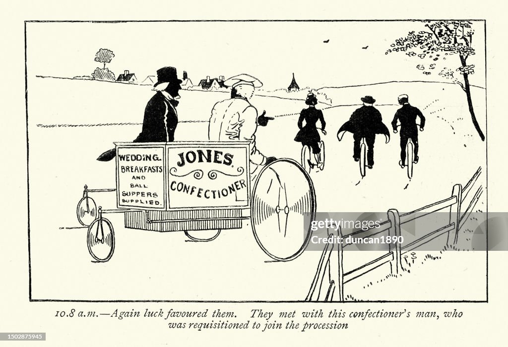 Boceto de silueta de bicicleta de triciclo de helado, ciclistas victorianos, década de 1890, siglo 19