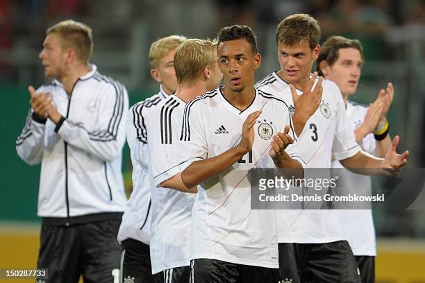 Karim Bellarabi of Germany celebrates with teammates after the Under 21 international friendly match between Germany U21 and Argentina U21 at...