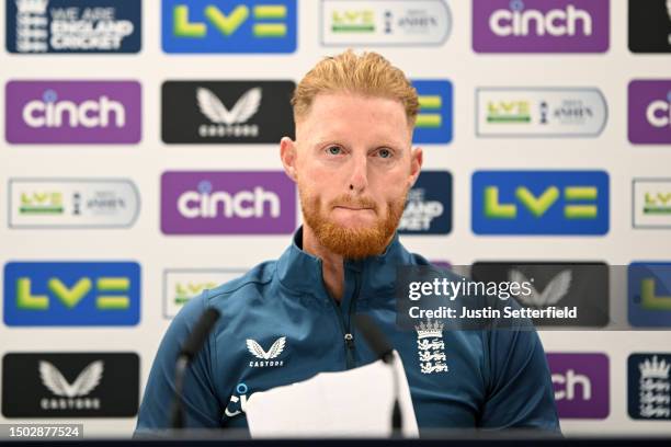 Ben Stokes of England reads a statement during a press conference at an England nets session at Lord's Cricket Ground on June 27, 2023 in London,...