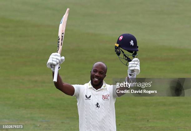 Daniel Bell-Drummond of Kent celebrates after scoring 300 runs, which is the highest score by a visiting player to Northamptonshire, during the LV=...