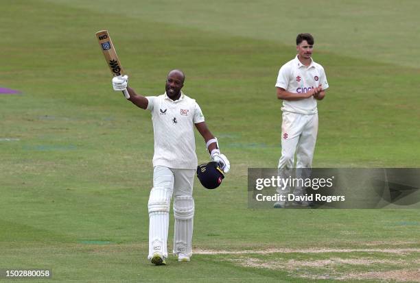 Daniel Bell-Drummond of Kent celebrates after scoring 300 runs, which is the highest score by a visiting player to Northamptonshire, during the LV=...