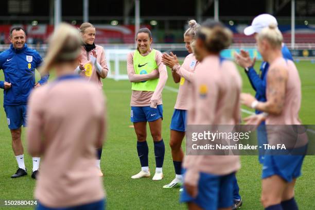 Lucy Staniforth of England reacts in a team huddle during an England Training Session at St George's Park on June 27, 2023 in Burton upon Trent,...