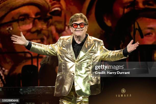 Sir Elton John performs on The Pyramid Stage at Day 5 of Glastonbury Festival 2023 on June 25, 2023 in Glastonbury, England.