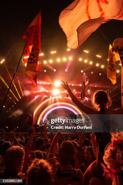 Sir Elton John performs on The Pyramid Stage at Day 5 of Glastonbury Festival 2023 on June 25, 2023 in Glastonbury, England.