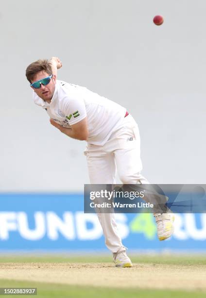Liam Dawson of Hampshire bowls during the LV= Insurance County Championship Division 1 match between Hampshire and Middlesex on June 27, 2023 in...