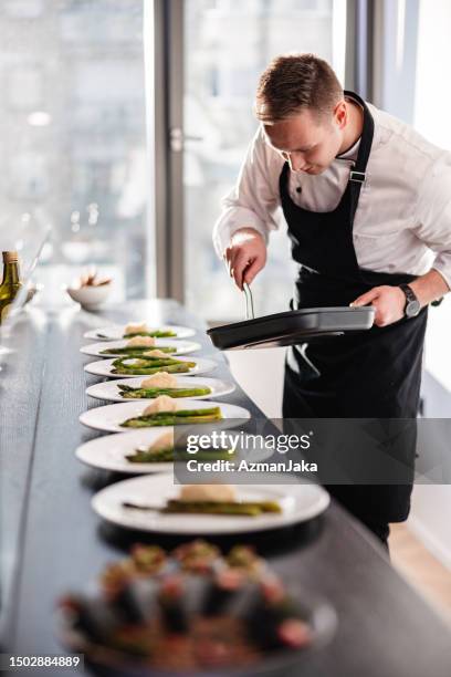 blonde caucasian male private chef plating dishes for a dinner party at a fancy apartment - hoofdgerecht stockfoto's en -beelden