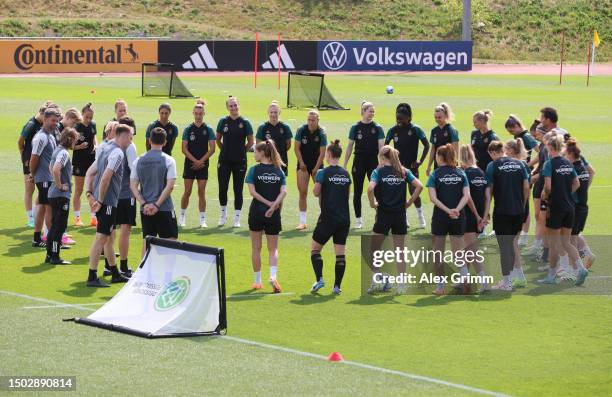 The team stands together during a training session of the German Women's national soccer team at Adi-Dassler-Stadion on June 27, 2023 in...