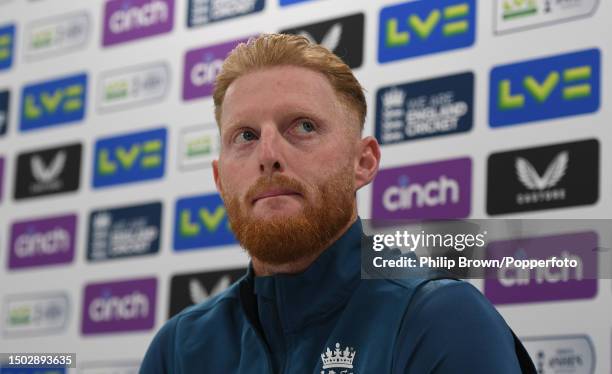 Ben Stokes of England looks on during a media conference at Lord's Cricket Ground on June 27, 2023 in London, England.