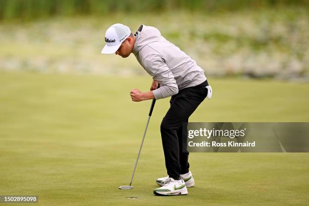 Kipp Popert of England celebrates on the 18th green during Round 2 of the G4D Tour prior to the Betfred British Masters hosted by Sir Nick Faldo 2023...