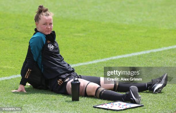Marina Hegering of Germany reacts during a training session of the German Women's national soccer team at Adi-Dassler-Stadion on June 27, 2023 in...