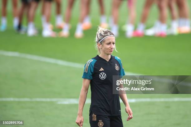 Kathrin Hendrich reacts during a training session of the German Women's national soccer team at Adi-Dassler-Stadion on June 27, 2023 in...