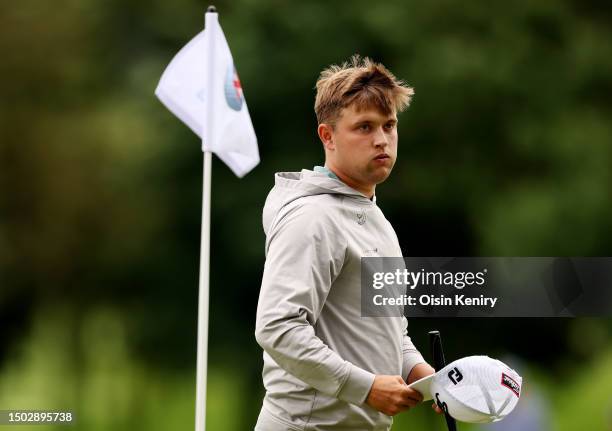 Kipp Popert of England reacts after finishing his round on the 18th green during Round 2 of the G4D Tour prior to the Betfred British Masters hosted...