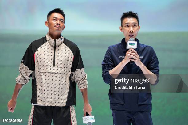 Lin Dan of China and Lee Chongwei of Malaysia speak to media during the Mix & Match event on June 27, 2023 in Shenzhen, China.