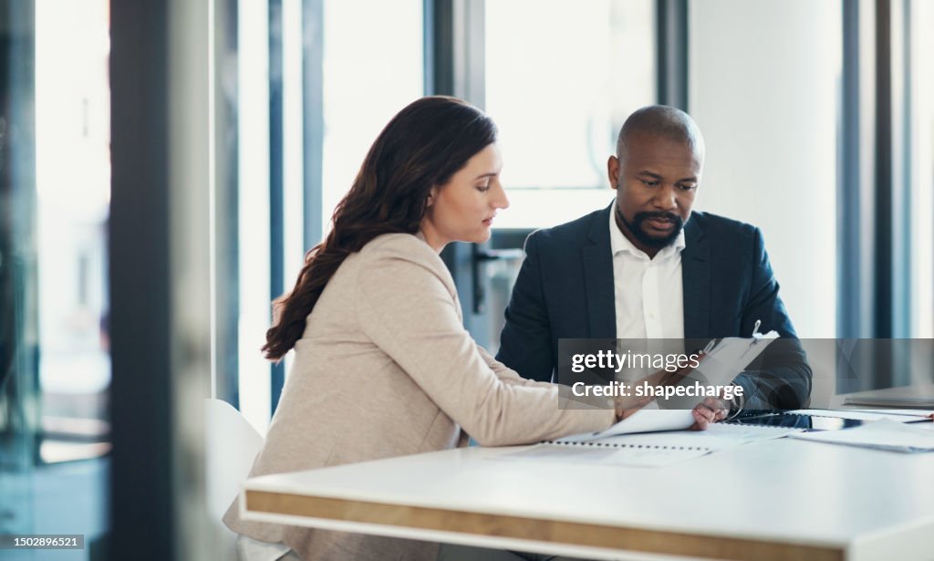 Business meeting, documents and people, clients or partner discussion of finance, loan and consultant advice. Taxes, review and woman with financial advisor or accountant, paperwork and information
