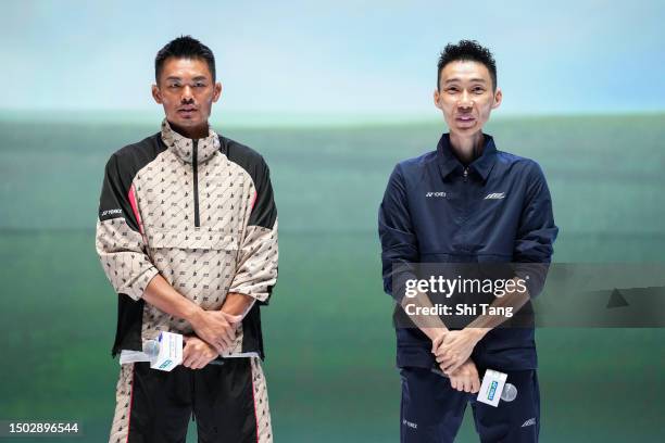 Lin Dan of China and Lee Chongwei of Malaysia speak to media during the Mix & Match event on June 27, 2023 in Shenzhen, China.