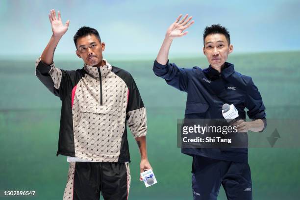 Lin Dan of China and Lee Chongwei of Malaysia speak to media during the Mix & Match event on June 27, 2023 in Shenzhen, China.