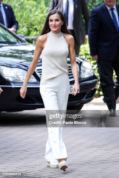 Queen Letizia Of Spain visits a traditional Students Residence on June 27, 2023 in Madrid, Spain.