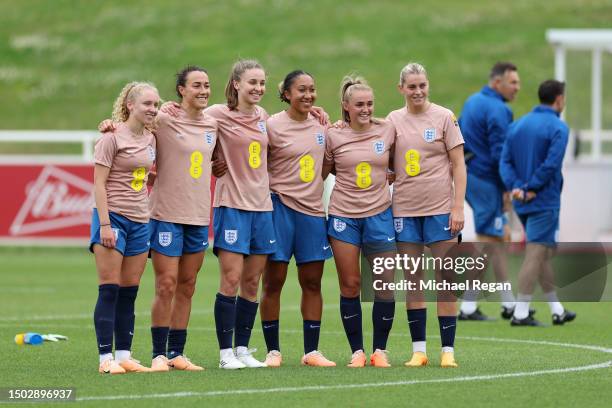 Katie Robinson, Lucy Bronze, Niamh Charles, Lauren James, Georgia Stanway and Alessia Russo of England pose for a photograph during an England...