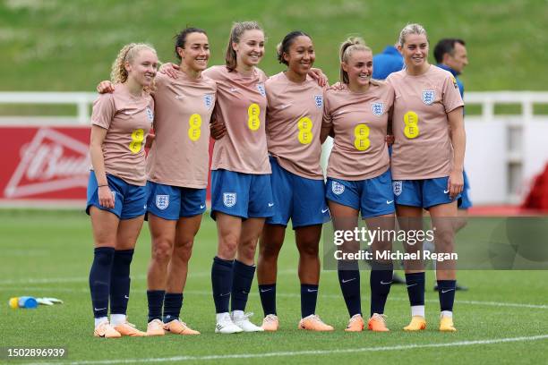 Katie Robinson, Lucy Bronze, Niamh Charles, Lauren James, Georgia Stanway and Alessia Russo of England pose for a photograph during an England...