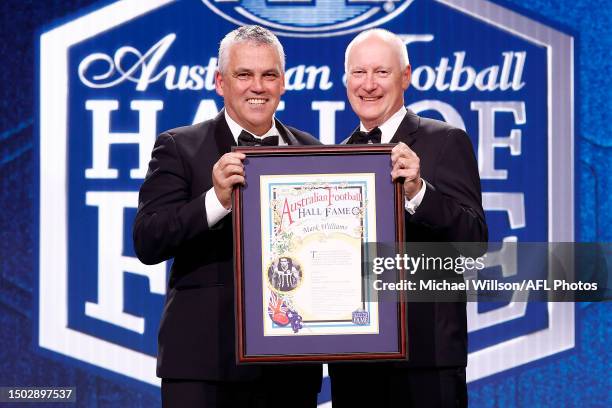 Hall of Fame inductee Mark Williams poses with Richard Goyder during the Australian Football Hall of Fame at Crown Palladium on June 27, 2023 in...