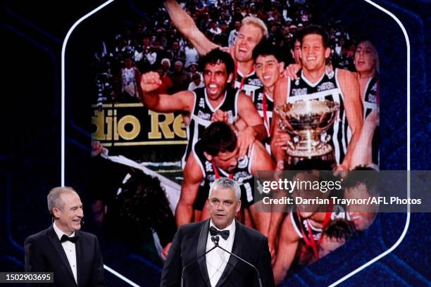 Hall of Fame inductee Mark Williams speaks to Gerard Whateley during the Australian Football Hall of Fame at Crown Palladium on June 27, 2023 in...