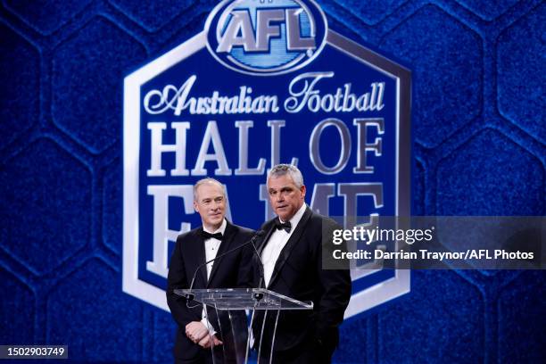 Hall of Fame inductee Mark Williams speaks to Gerard Whateley during the Australian Football Hall of Fame at Crown Palladium on June 27, 2023 in...