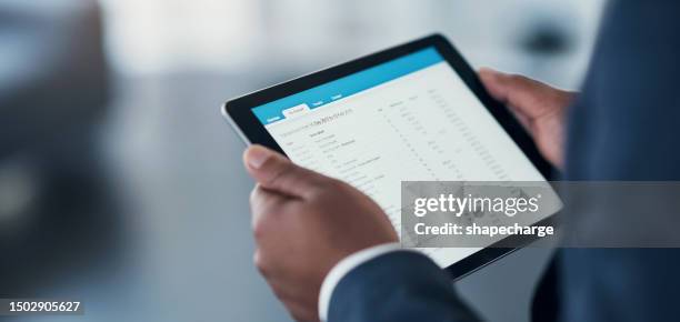 businessman, hands and tablet in financial accounting, expenses or payment transactions on account at office. hand of man accountant on technology display in finance planning, strategy or checklist - buy single word stock pictures, royalty-free photos & images