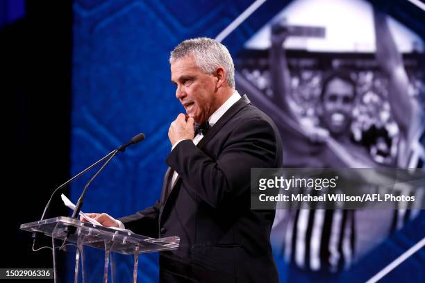 Hall of Fame inductee Mark Williams speaks during the Australian Football Hall of Fame at Crown Palladium on June 27, 2023 in Melbourne, Australia.