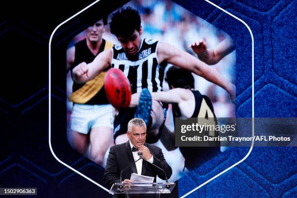 Hall of Fame inductee Mark Williams speaks during the Australian Football Hall of Fame at Crown Palladium on June 27, 2023 in Melbourne, Australia.