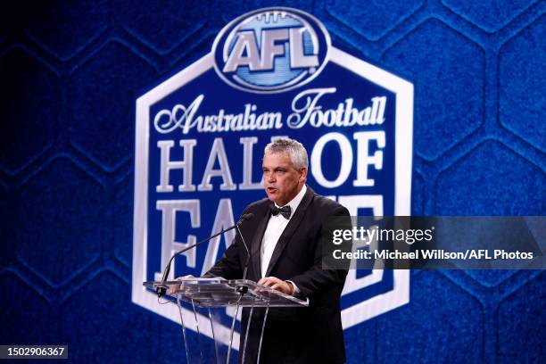 Hall of Fame inductee Mark Williams speaks during the Australian Football Hall of Fame at Crown Palladium on June 27, 2023 in Melbourne, Australia.